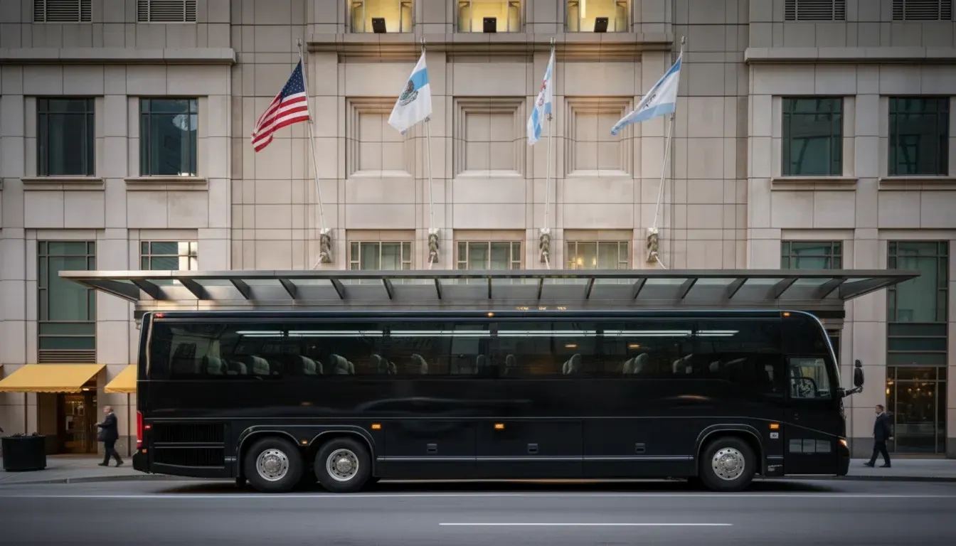 A black charter bus parked in front of a Chicago hotel building with four flags, viewed from the side at street level.
