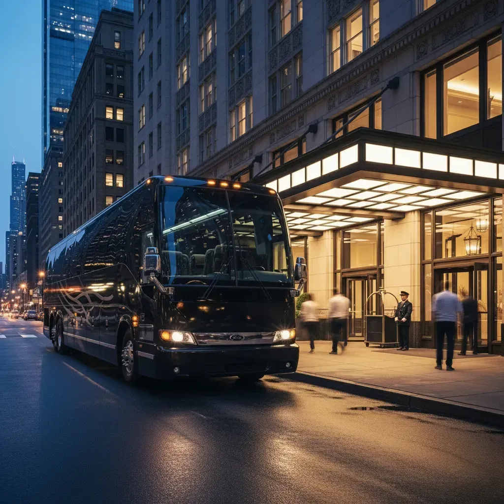 Black coach bus parked in front of a Chicago hotel entrance on a city street at dusk.