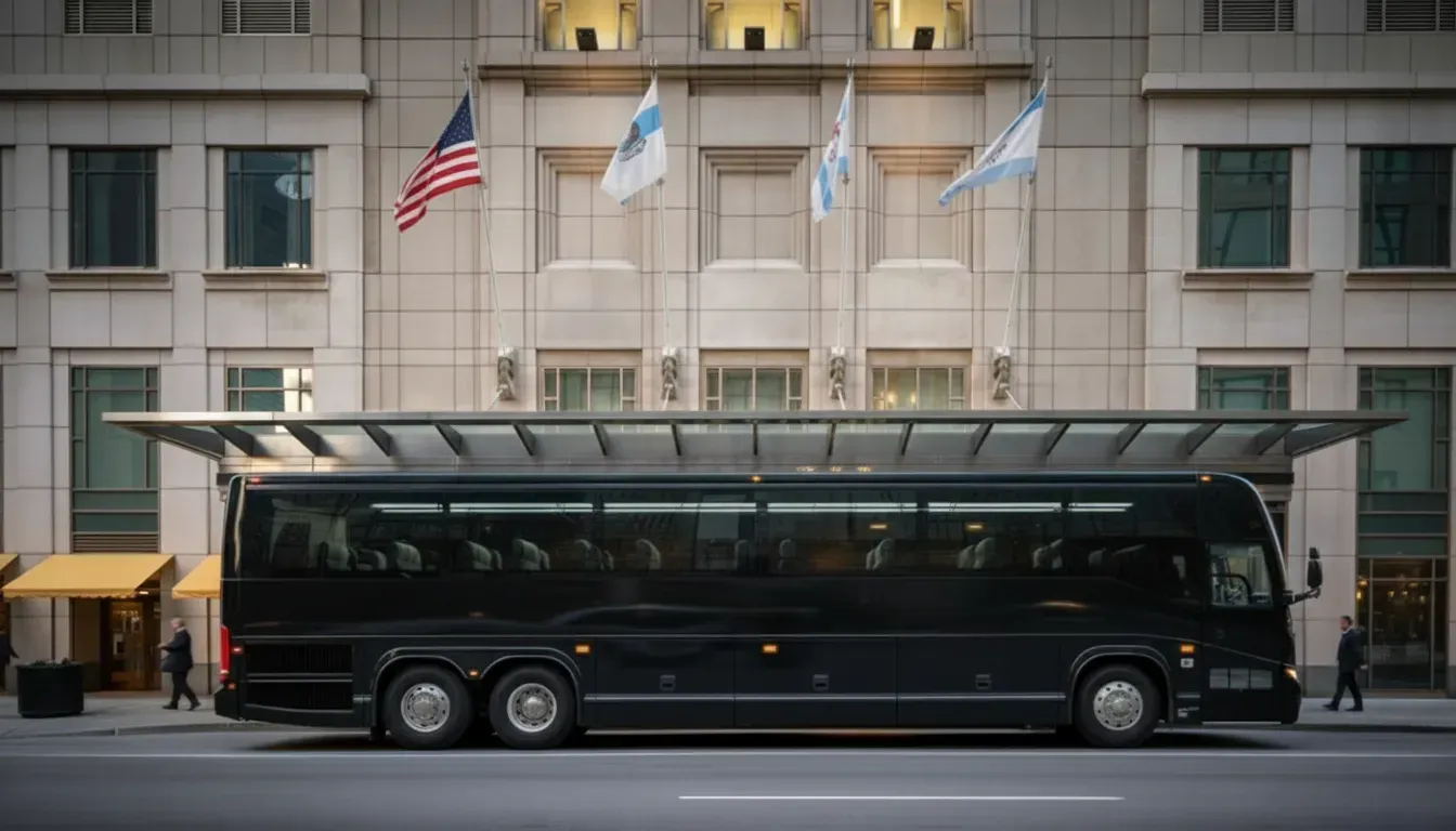 Black coach bus parked in front of a building with flags.