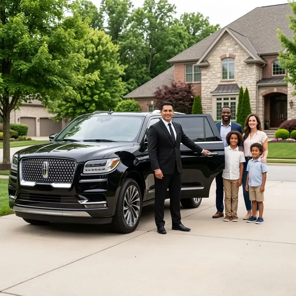 A chauffeur opens the door of a black SUV in a driveway, with a family of four standing nearby at a home in Naperville.