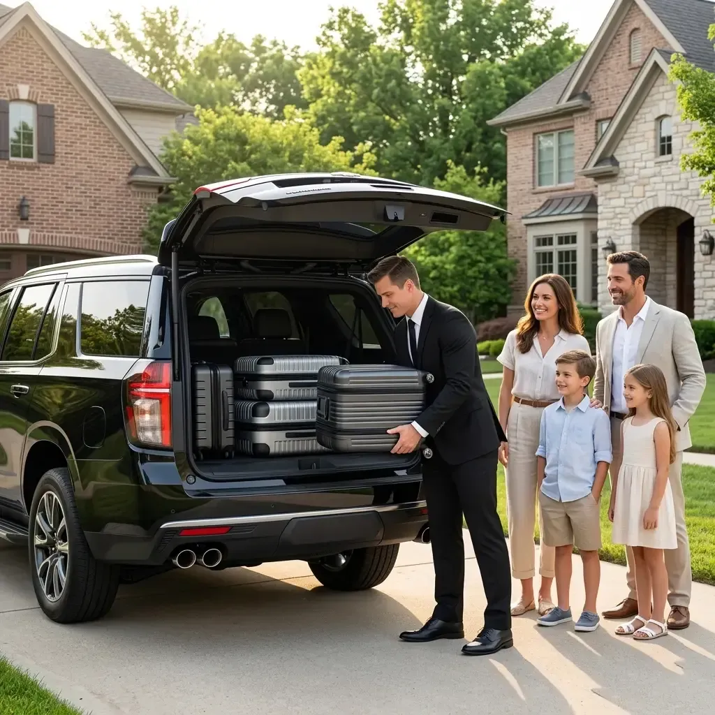 Chauffeur loading stacked suitcases into an SUV while a family stands nearby in a suburban driveway