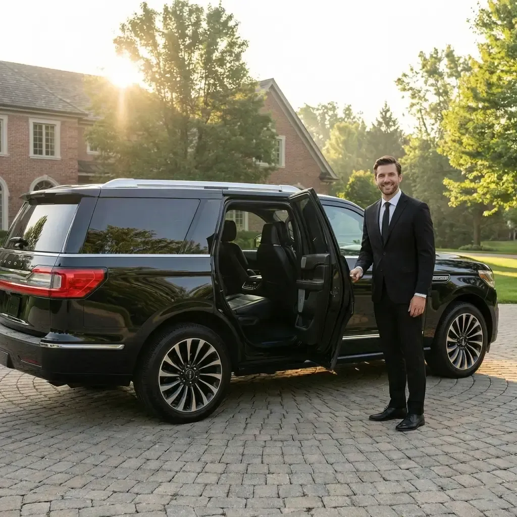 A professional driver in a suit stands by a black SUV parked on a circular brick driveway at a North Shore home.