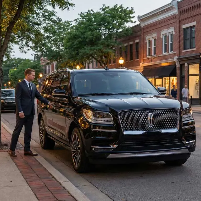 A person in a suit opens the door of a black Lincoln SUV parked on a North Shore street at dusk.
