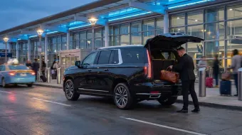 Black SUV at Midway Airport, chauffeur loading luggage into trunk. Airport entrance in background.