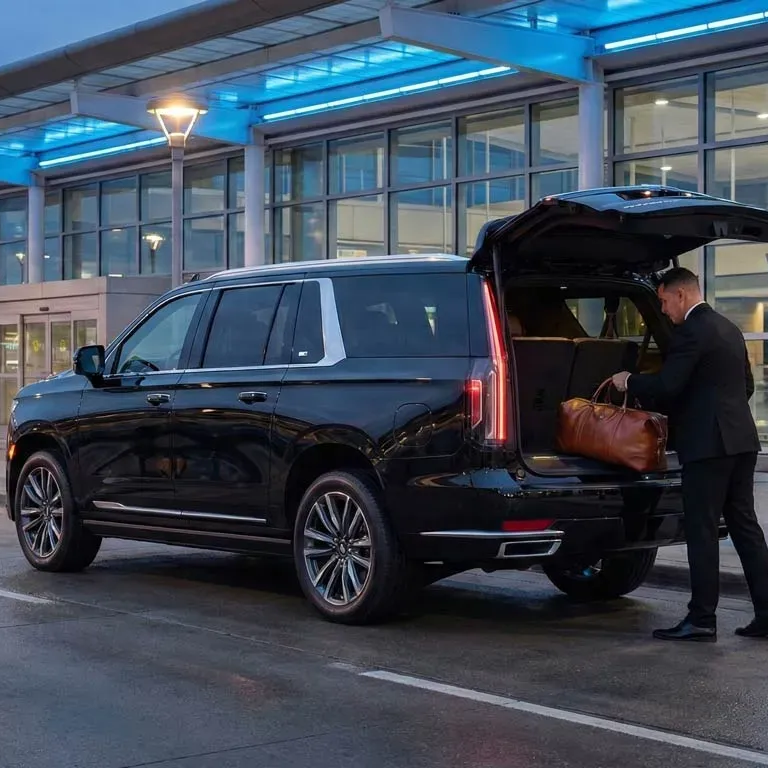 Black SUV parked outside an airport, a person loading luggage into the trunk.