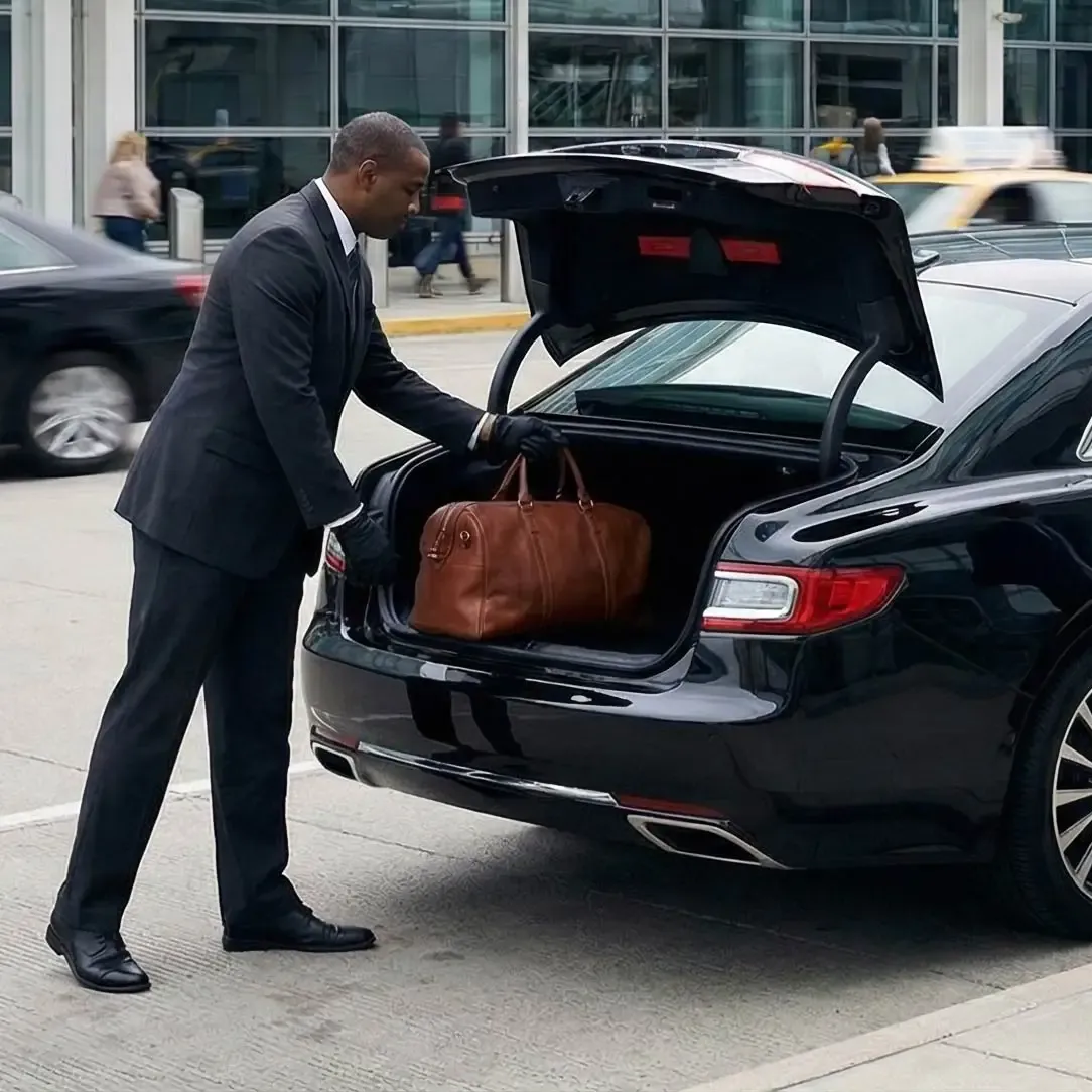A chauffeur places a brown leather duffel bag into the open trunk of a black sedan at an airport.