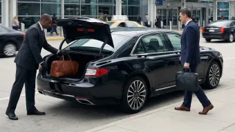 Chauffeur loading luggage into the trunk of a car at O'Hare airport as the client approaches.