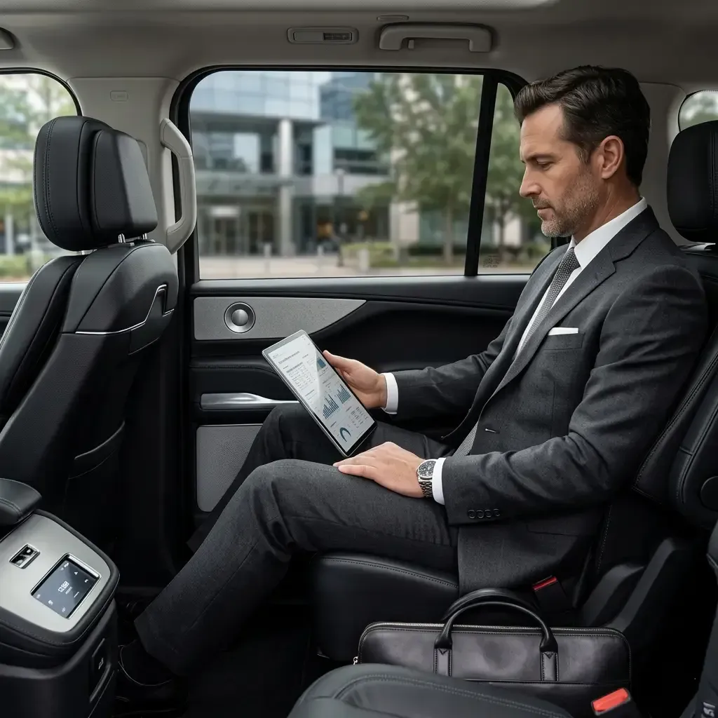 A executive in a suit sits in the back of a luxury car, reviewing a tablet with charts before a meeting