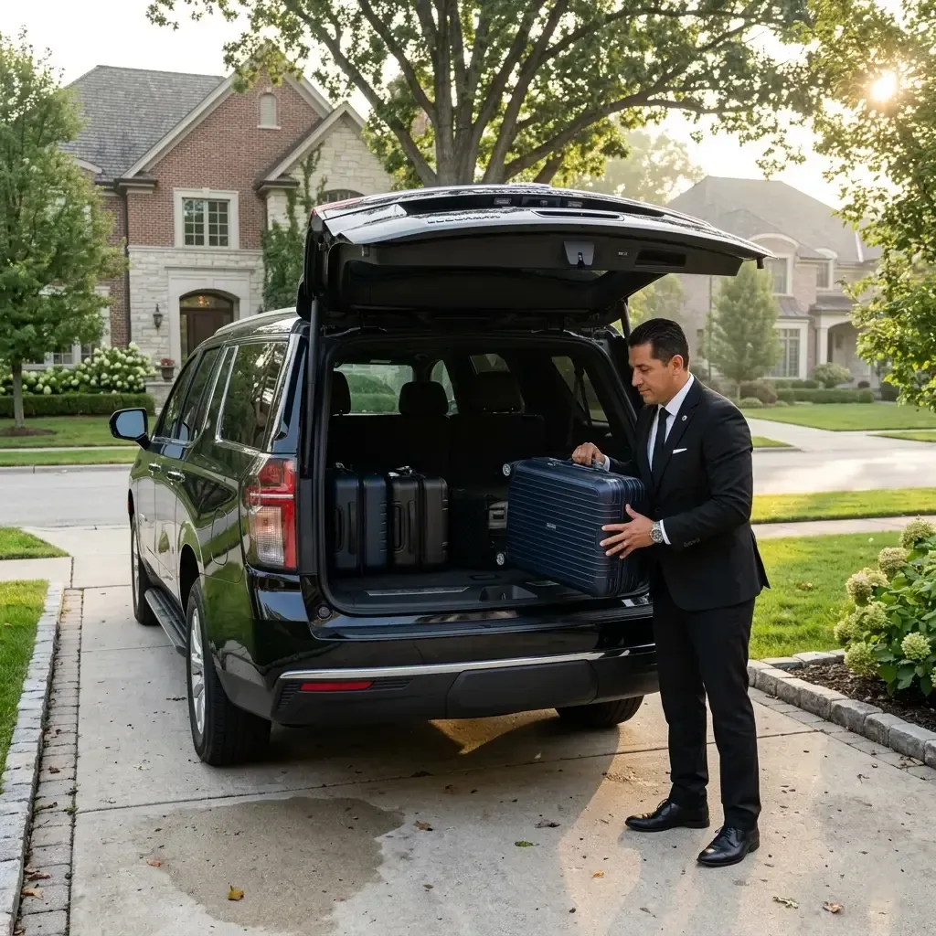 Chauffeur loading a suitcase into the open trunk of a black SUV in a suburban driveway