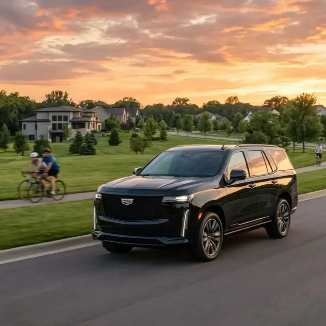 A dark Cadillac Escalade SUV drives on a suburban road at sunset with cyclists nearby on a path in Pingree Grove.