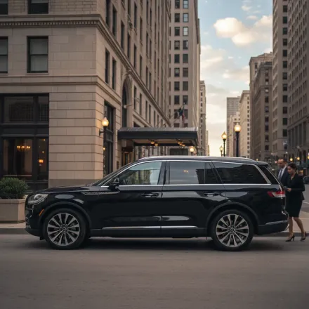 Black Lincoln Navigator parked on a city of Chicago street; two people walk alongside the vehicle.