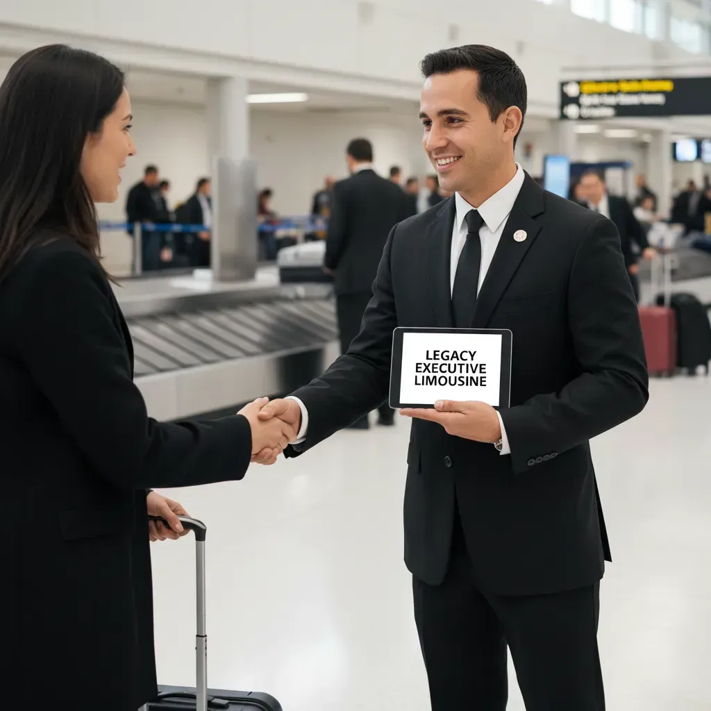 A professional driver in a suit shakes hands with a passenger at an airport, holding a sign that says