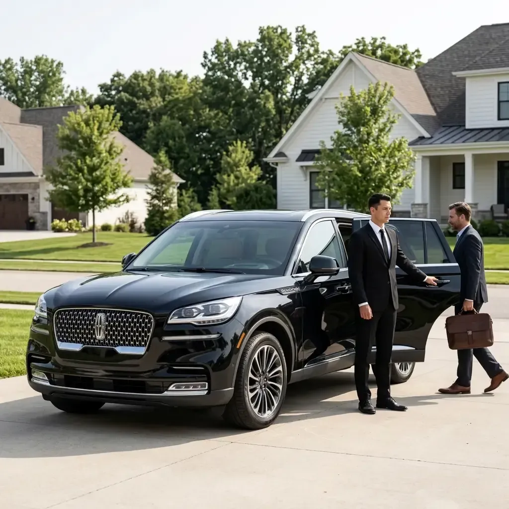 A professional chauffeur in a black suit opens the door of a black luxury sedan for a client in the Far West Suburbs.