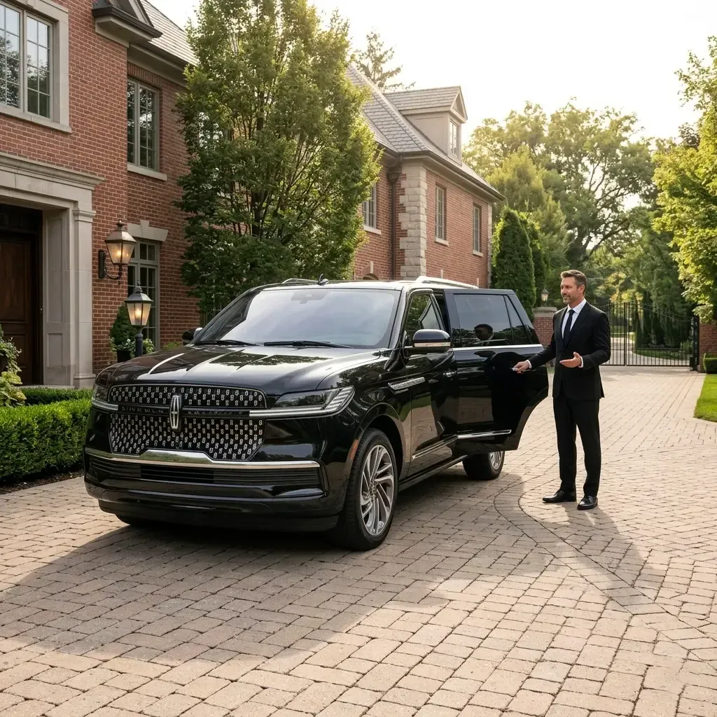 A Chauffeur stands by a black luxury SUV with its back door open in the driveway of a brick house.