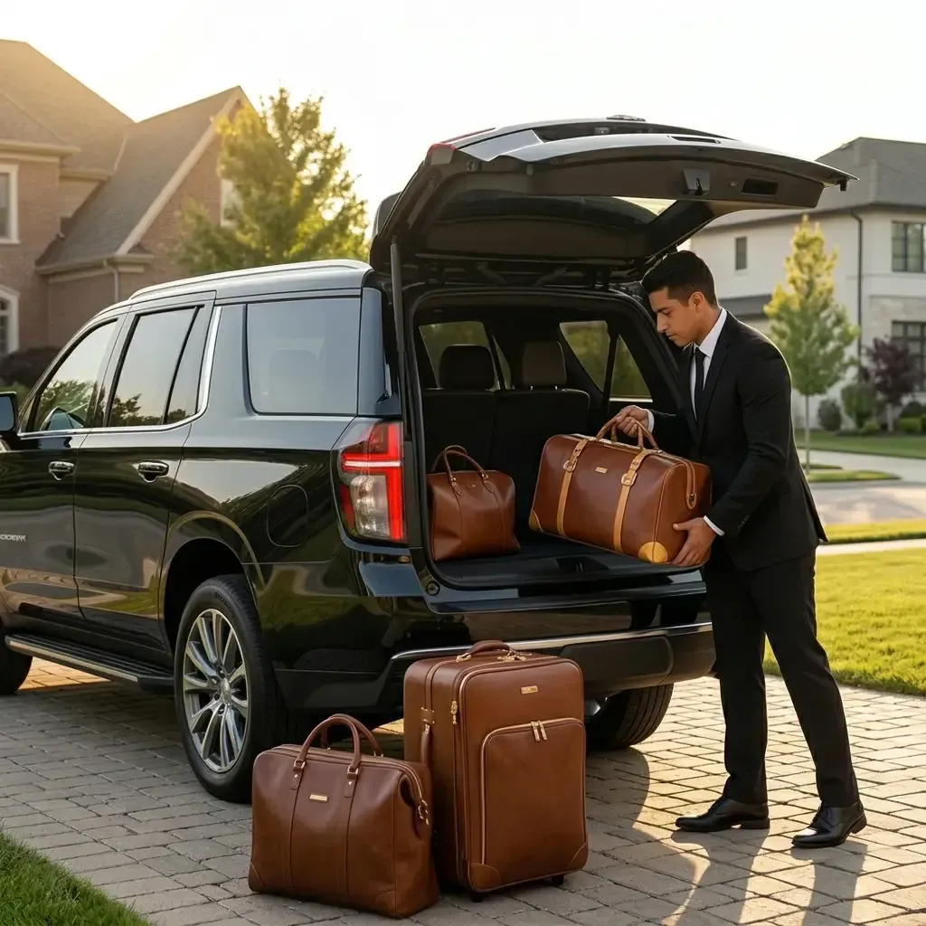 Chauffeur Loading luggage into the back of an SUV in South Suburbs of Chicago.