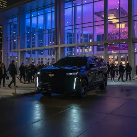A black Cadillac SUV parked at night in front of a modern building during a Gala in Chicago.