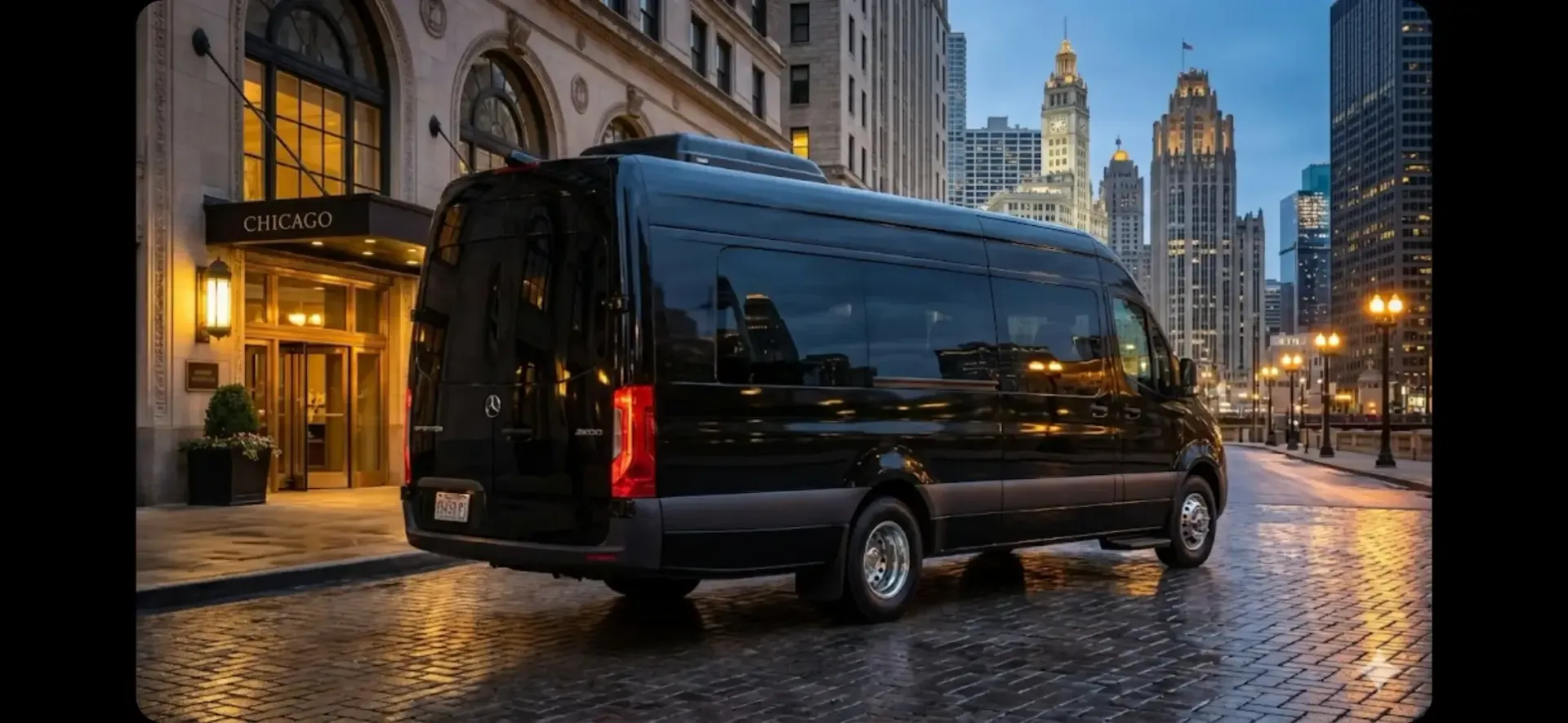 A black Luxury Mercedes Benz Sprinter passenger van parked in front of a Chicago hotel with a city skyline at dusk.
