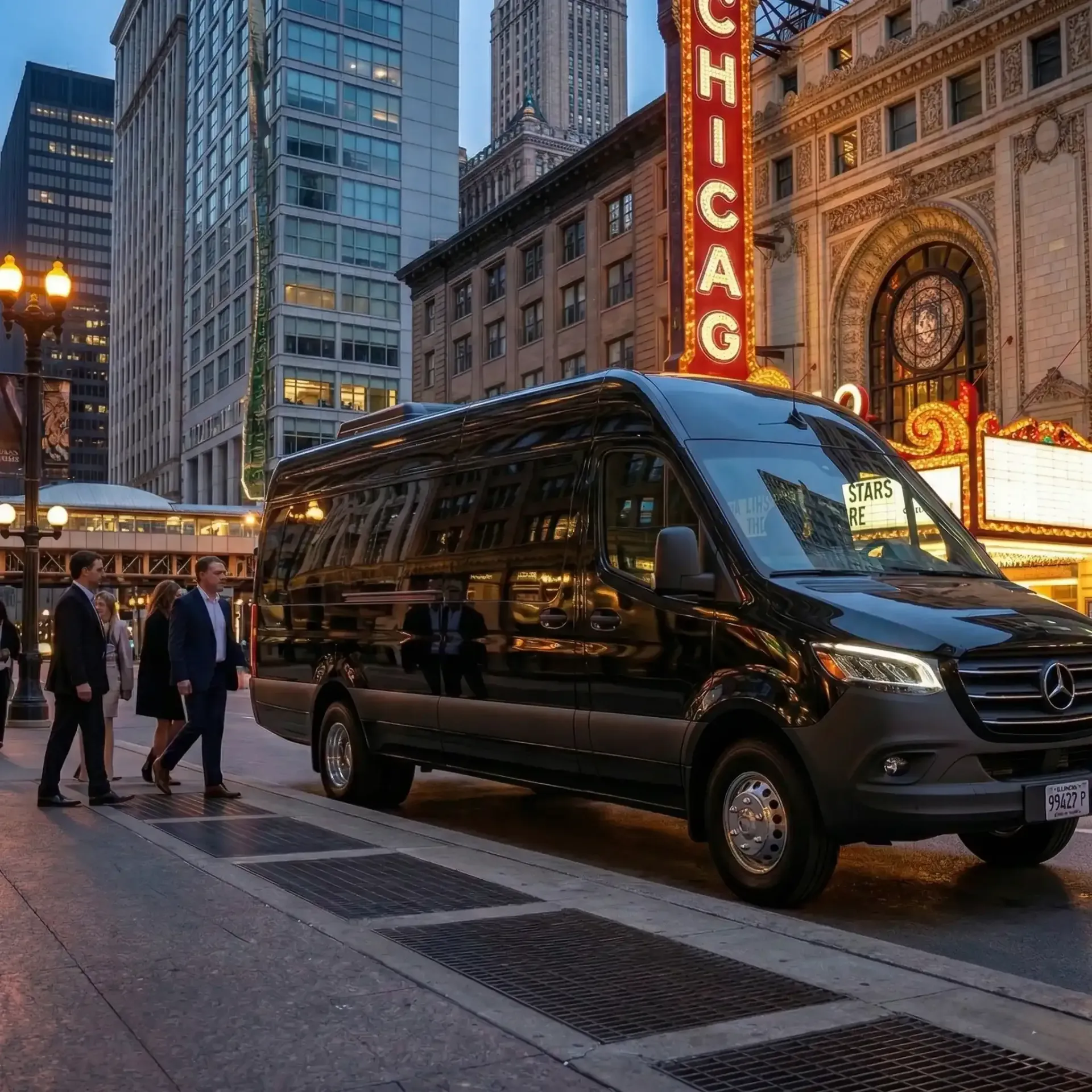 Black Mercedes Benz Sprinter van parked on a city street, people crossing the street near the Chicago Theater