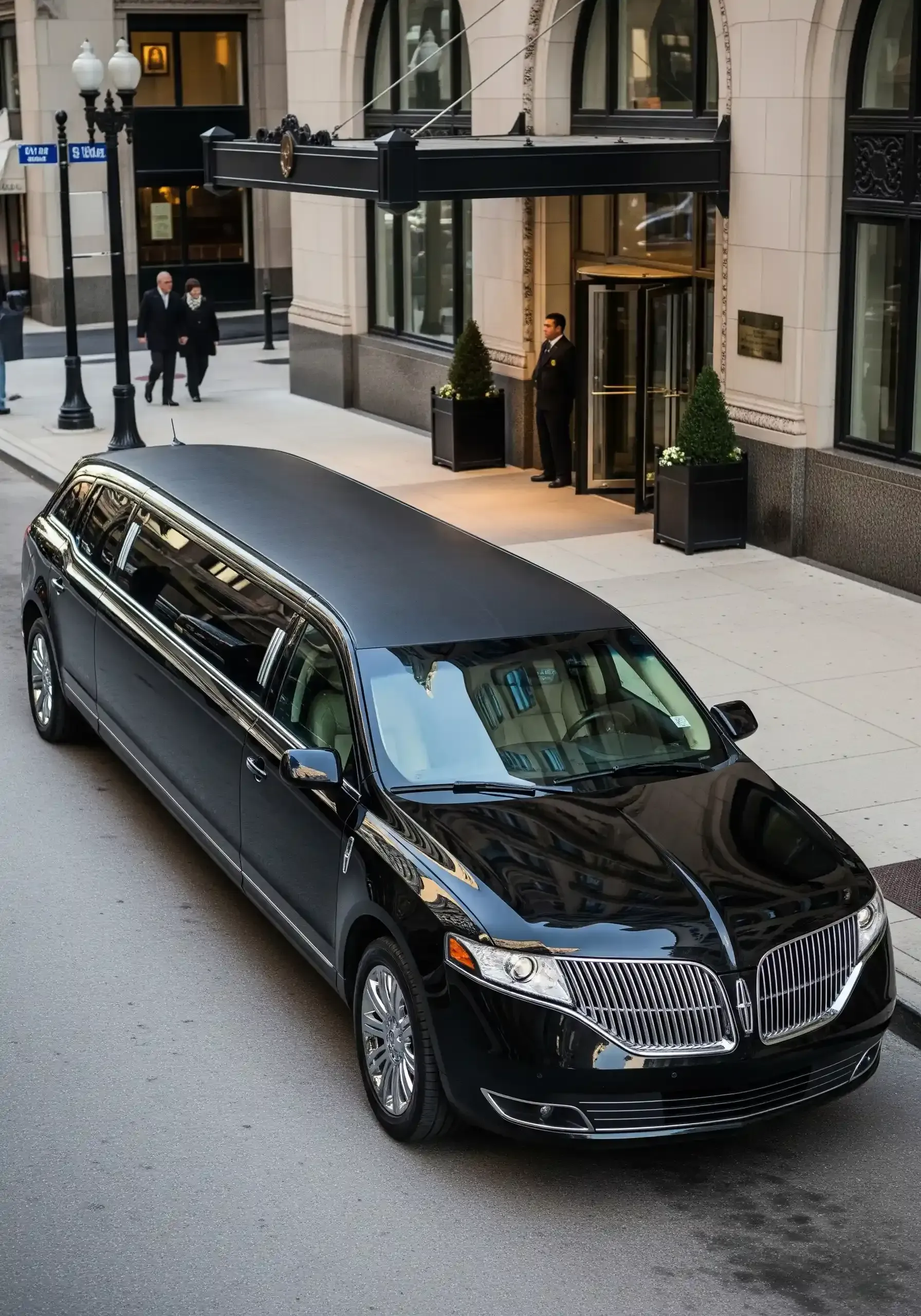 Black Lincoln limousine parked in front of a building with a revolving door. Two people in suits and a doorman are present.