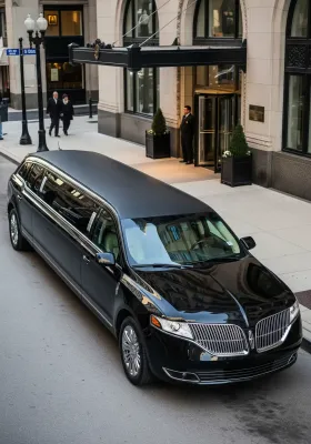 Black Lincoln limousine parked in front of a building with a revolving door. Two people in suits and a doorman are present.