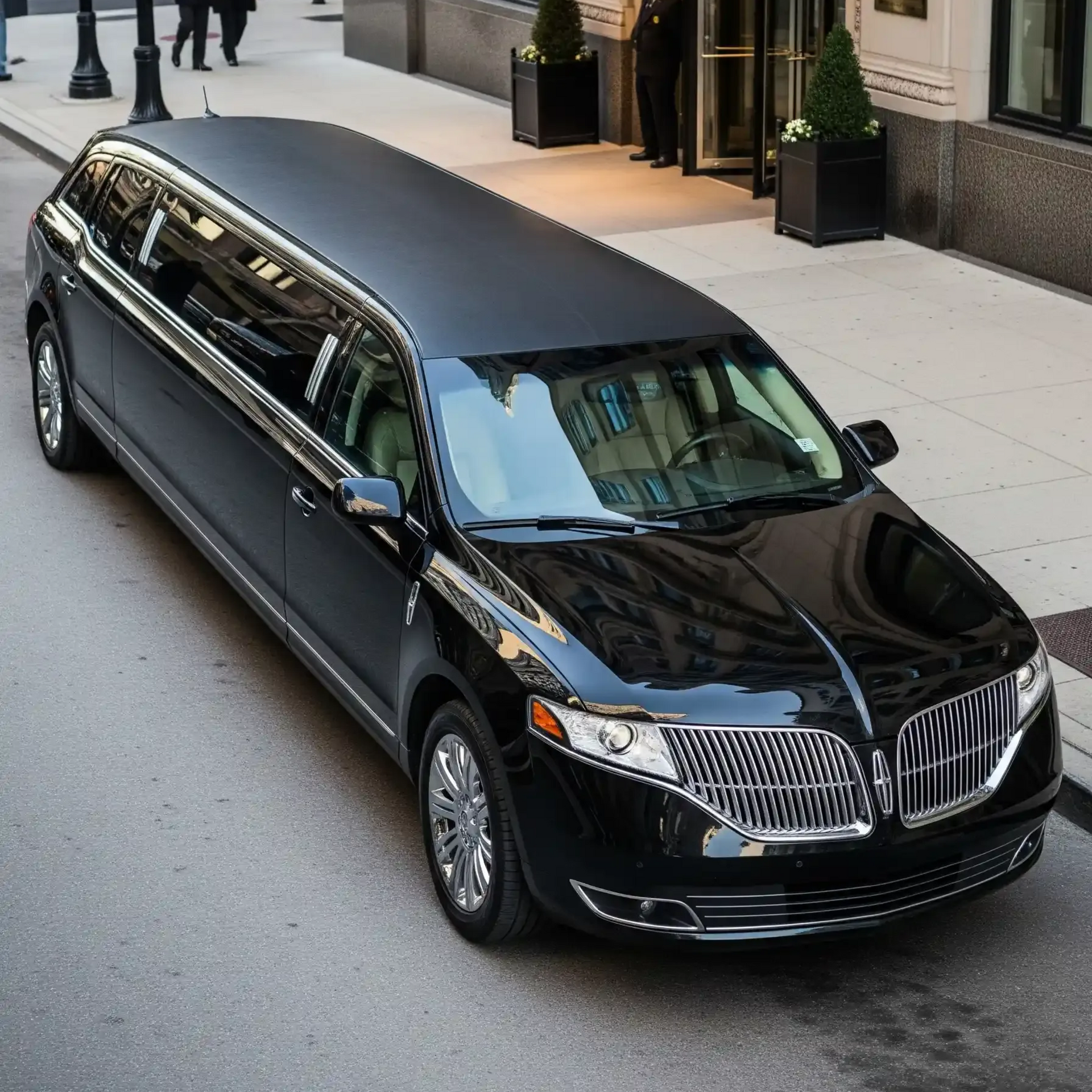 Black Lincoln limousine parked in front of a building with a revolving door. Two people in suits and a doorman are present.