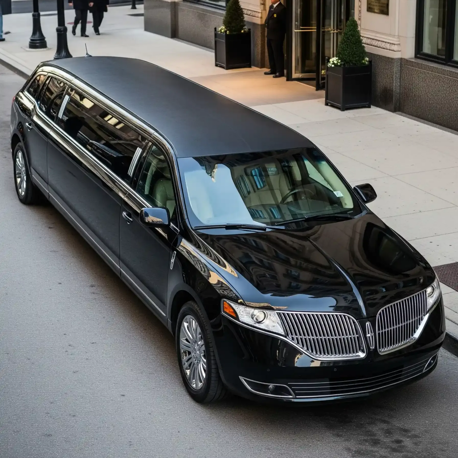 Black Lincoln limousine parked in front of a building with a revolving door. Two people in suits and a doorman are present.