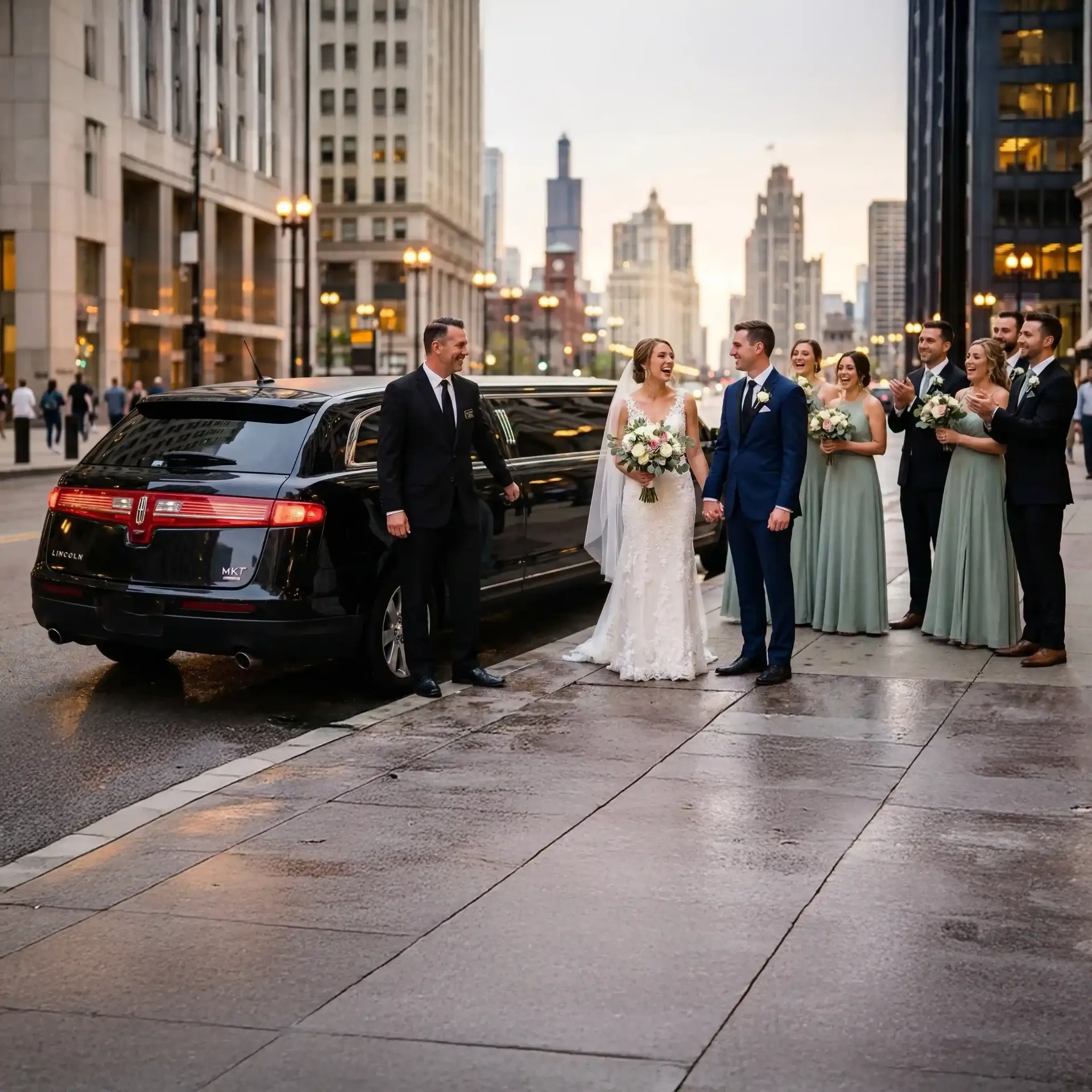 Wedding party in Chicago: Bride and groom with bridal party next to black stretch limousine on city street.