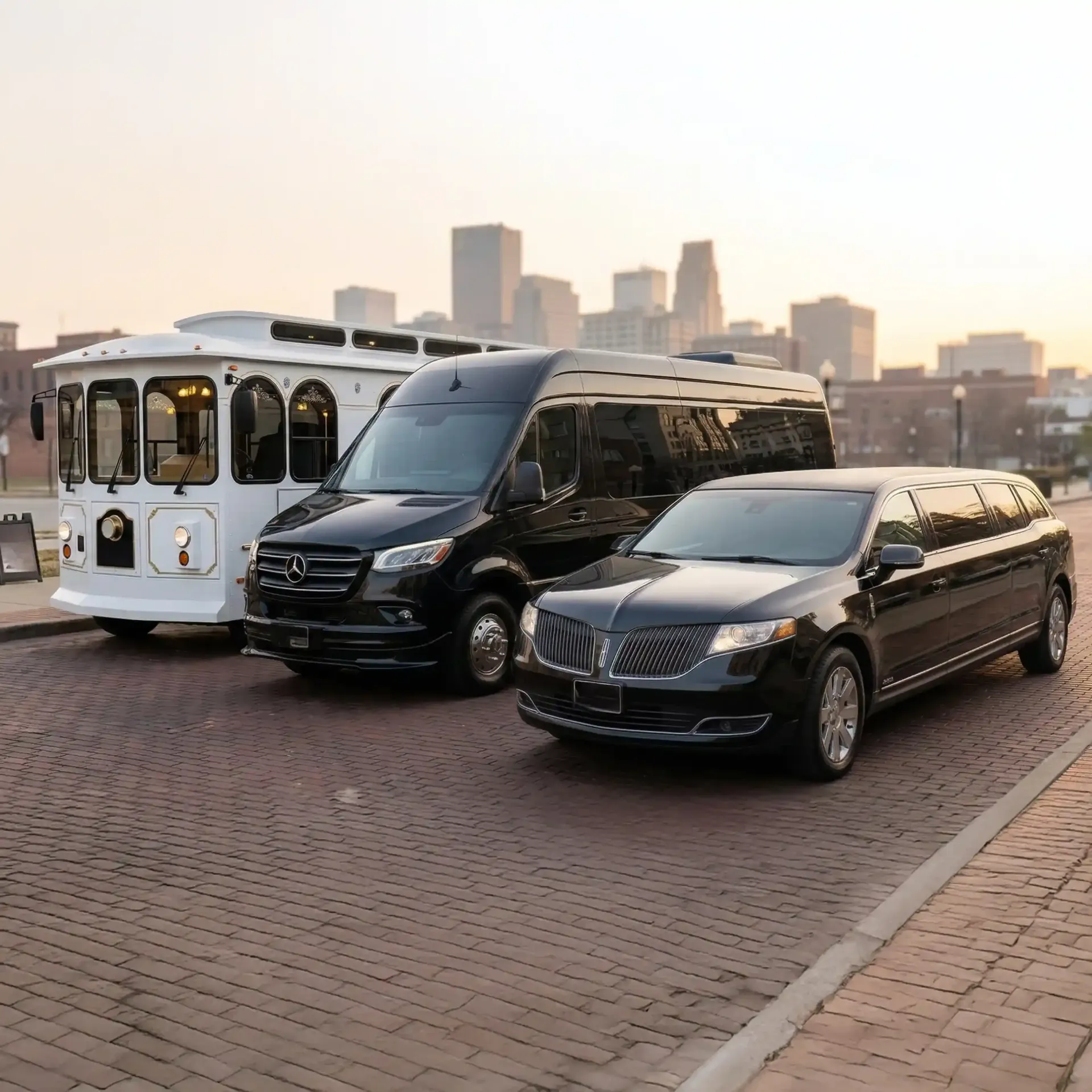 A white trolley, black van, and black stretch limousine parked on a brick street with a city skyline in the background.