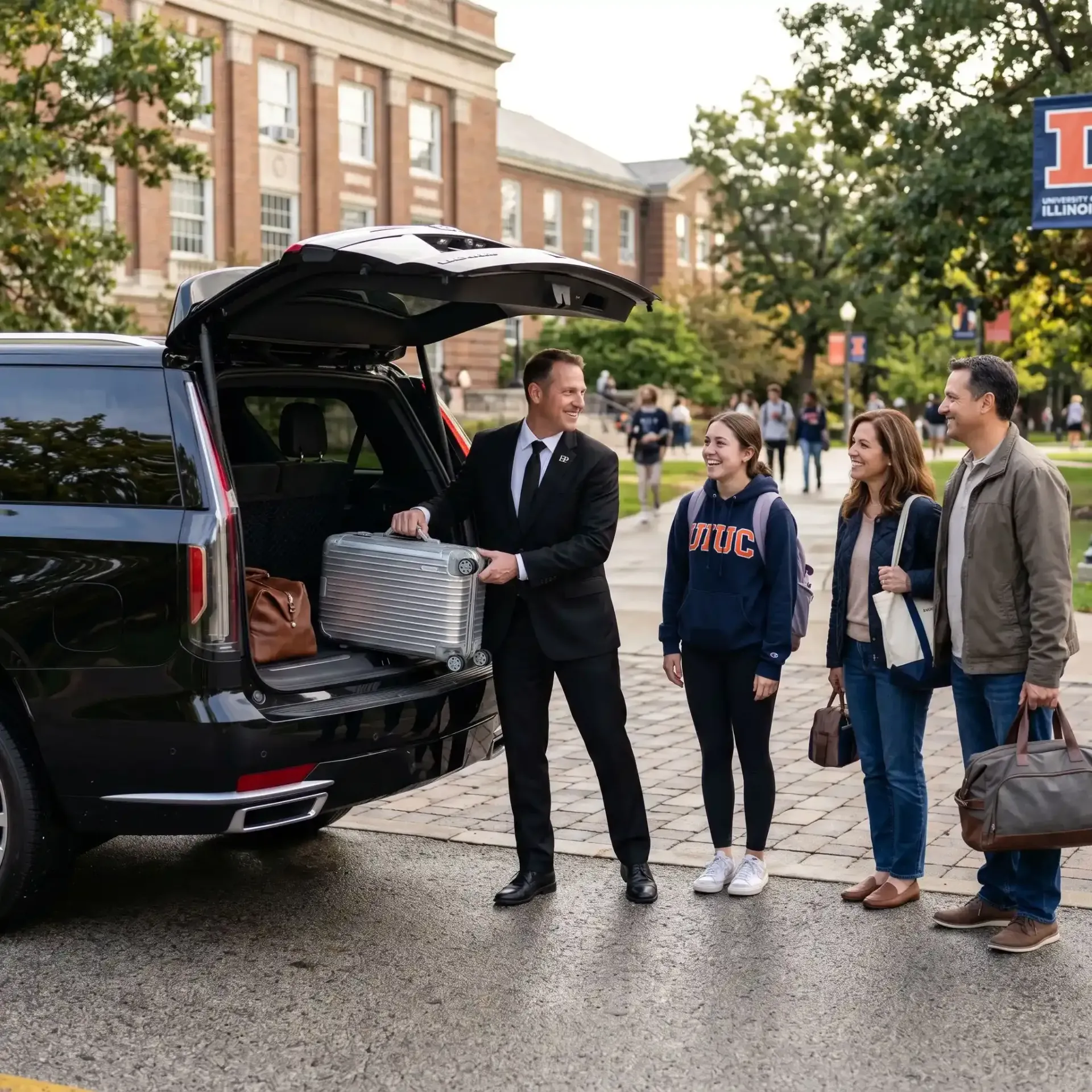 A chauffeur loading luggage into a black SUV in Urbana Champaign