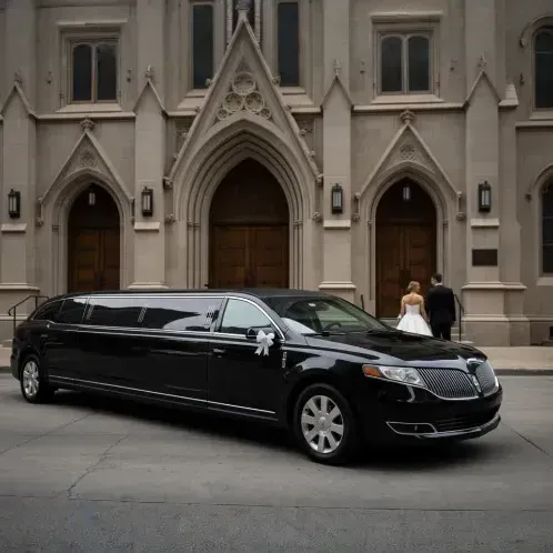 A black stretch limousine parked in front of a chicago church building with a couple standing by the entrance.