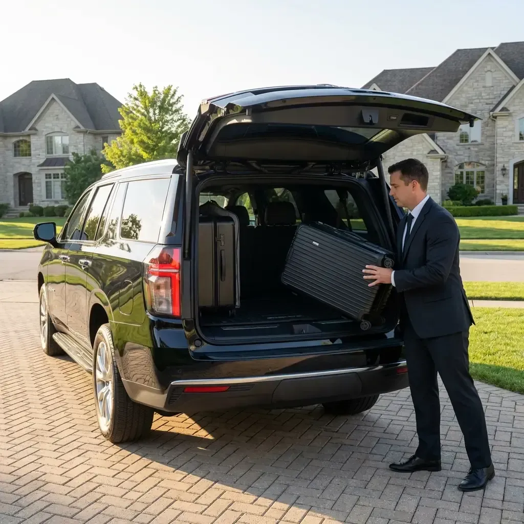 A chauffeur loading a black suitcase into the open trunk of a black SUV parked at a residential home.