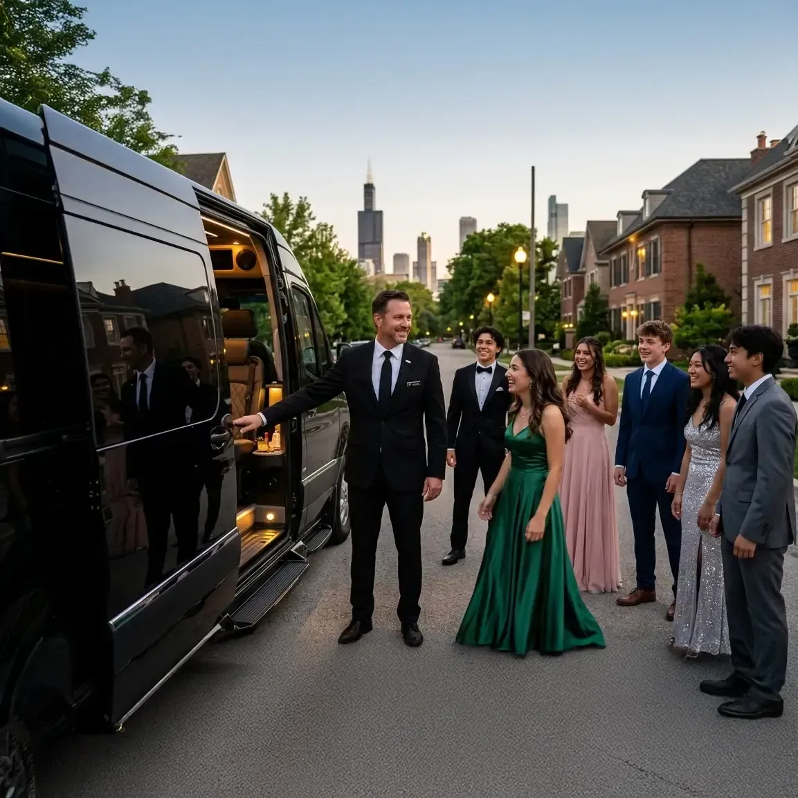 A group dressed for a formal event stands by an open black van on a city street with the Chicago skyline in the background.