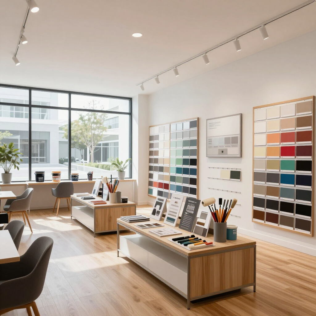 A bright design showroom with wooden display tables featuring color swatches, chairs, and large windows.