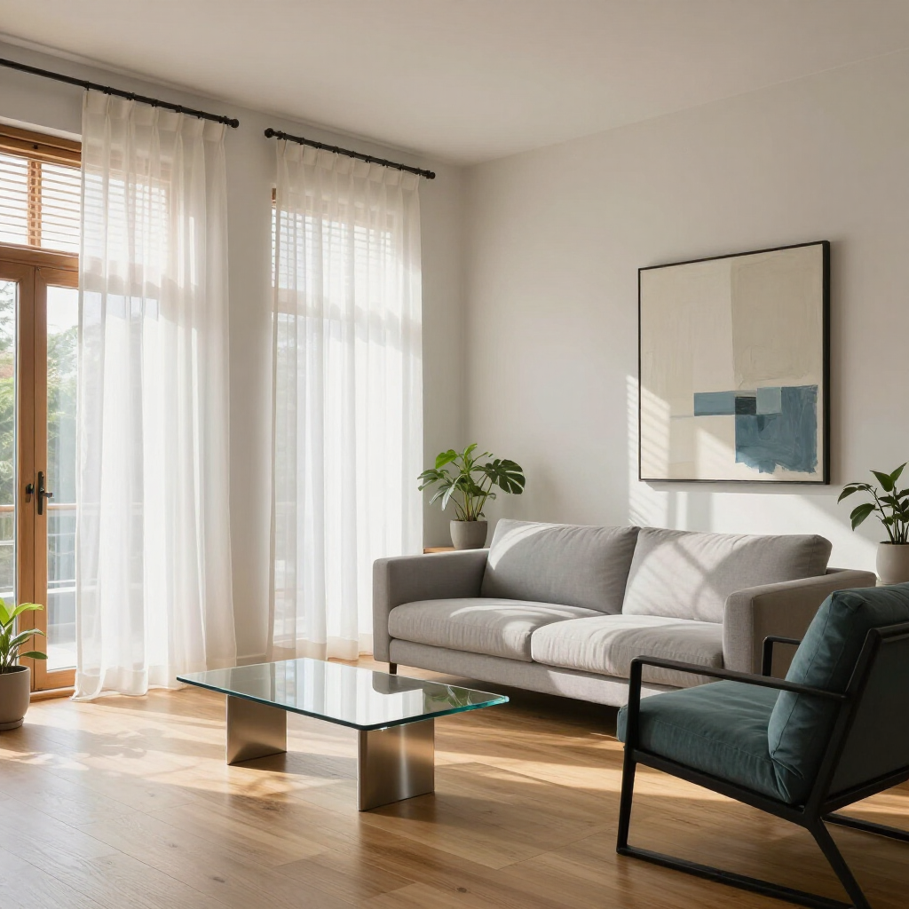 A modern, minimalist living room with a grey sofa, teal accent chair, glass coffee table, and sheer white curtains.