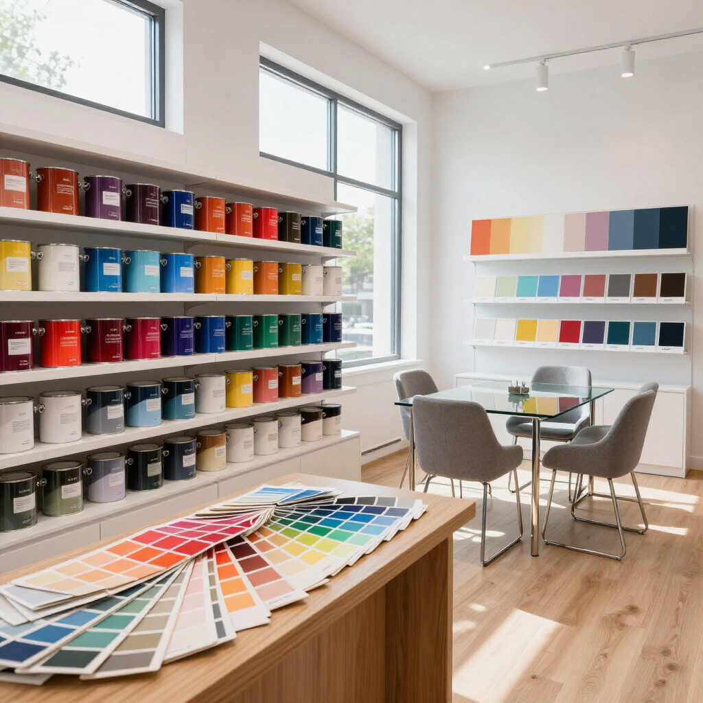 Paint store interior with shelves of colorful paint cans, a color fan deck on a wooden counter, and a table with chairs.