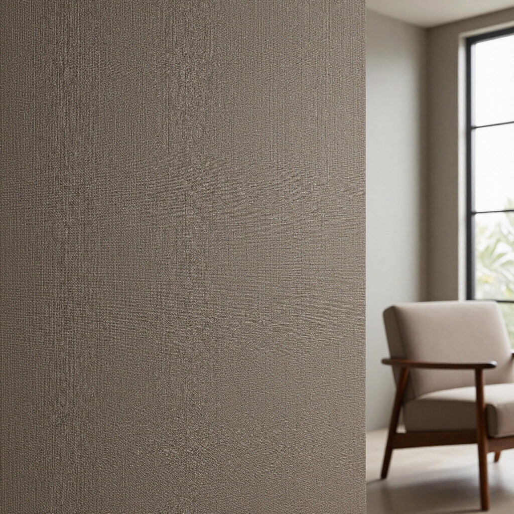 A textured, brown fabric-like wallpaper covers a wall next to a modern chair by a window.