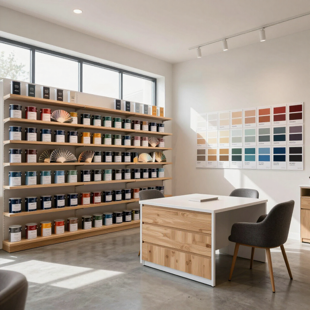 A paint store showroom with shelves of colorful paint cans and a color swatch chart on the wall near a central desk.