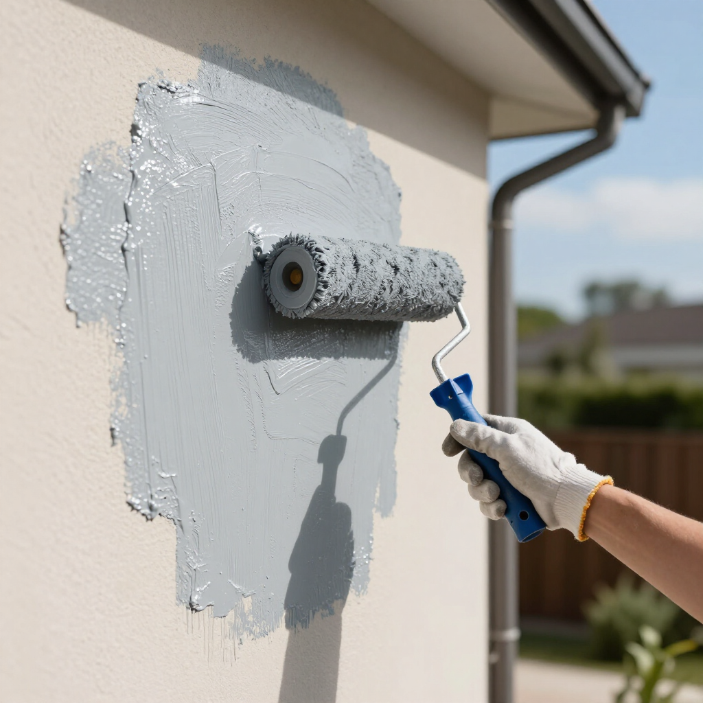 A gloved hand uses a paint roller to apply grey paint to a light-colored exterior wall.