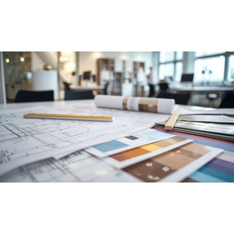 Architectural blueprints and color swatches on a desk in a bright office