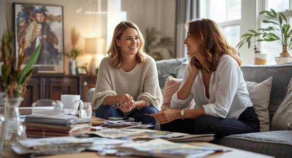 Two women smiling on a couch, reviewing papers in a bright living room.