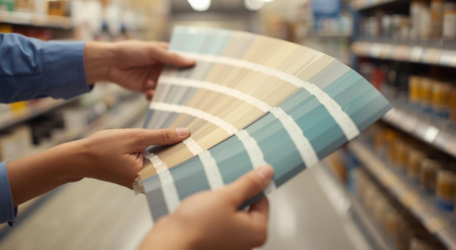 Hands comparing paint color swatches in a store aisle