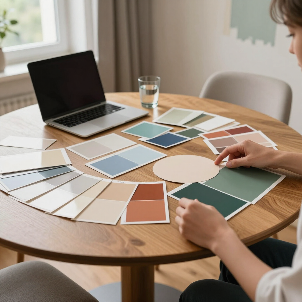 A person sits at a wooden table with a laptop, organizing various paint color swatches to choose a palette.