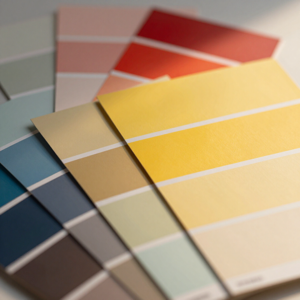 A stack of various paint color sample cards in a range of shades including yellow, blue, red, grey, and brown.