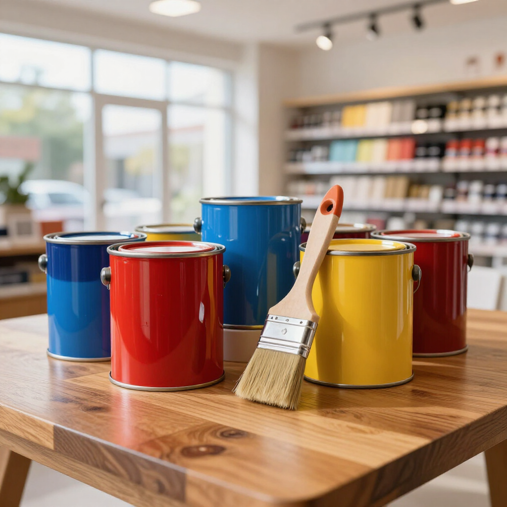 A paint brush rests against a yellow paint can on a wooden table, surrounded by blue and red cans in a hardware store.