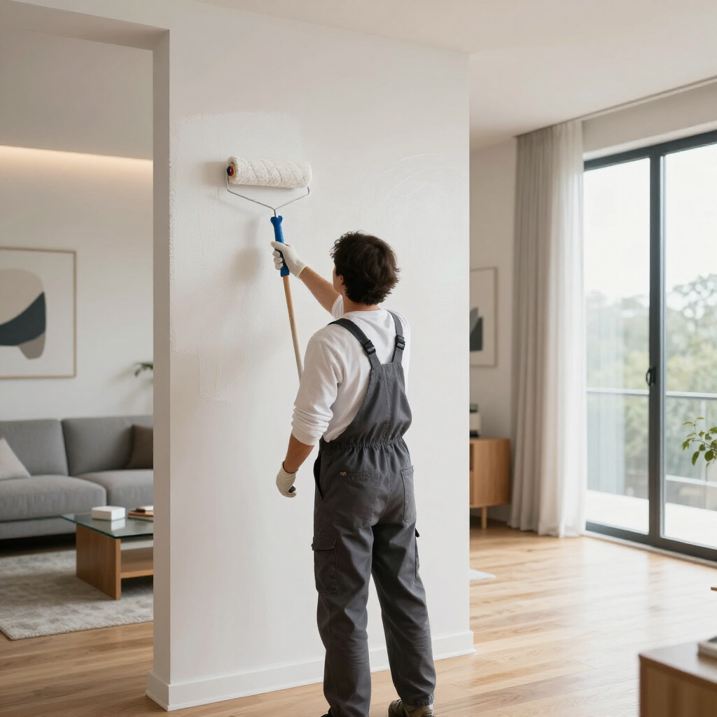A person in gray coveralls uses a paint roller on a white wall in a modern, light-filled living room.