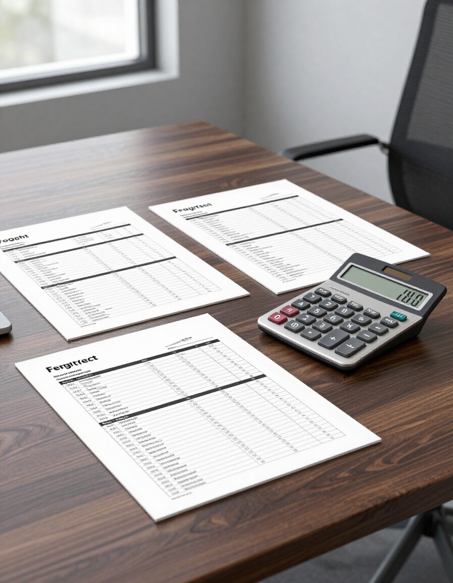 Mesa de escritório com planilhas de frete e calculadora