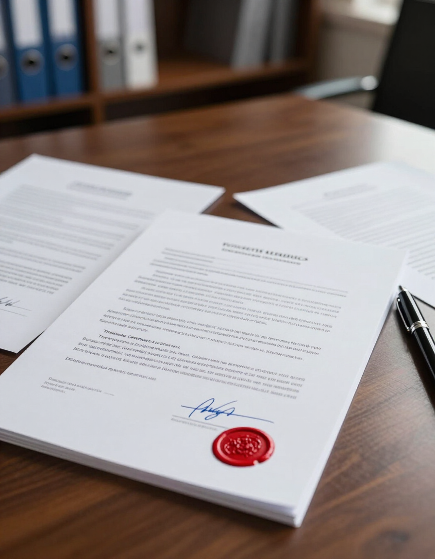 Documentos assinados e selados sobre mesa de escritório