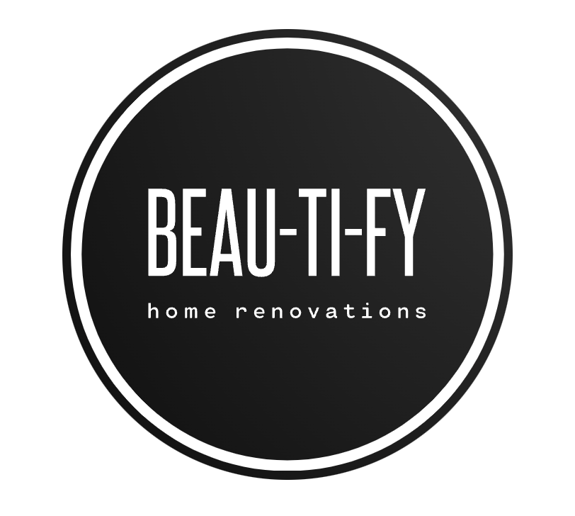 The logo for beautify home renovations is black and white.