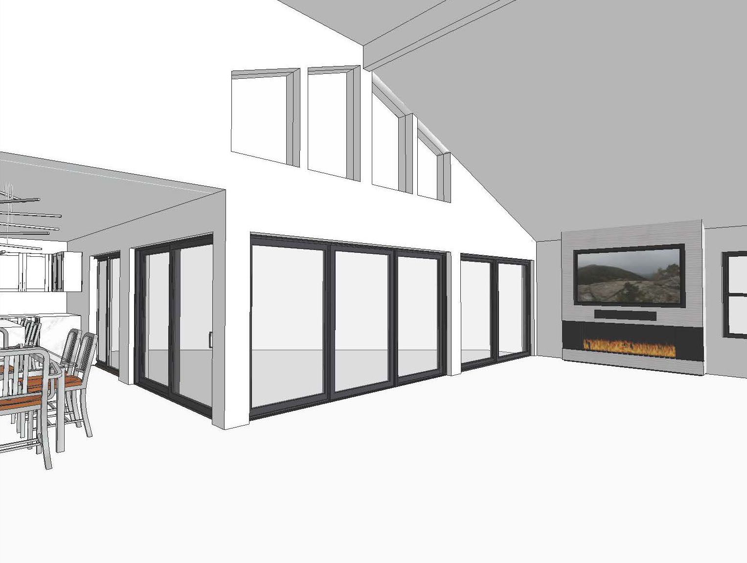 A 3d rendering of a living room with sliding glass doors and a fireplace.