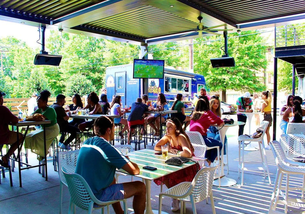 a photo of the outdoor seating section at Hoppin